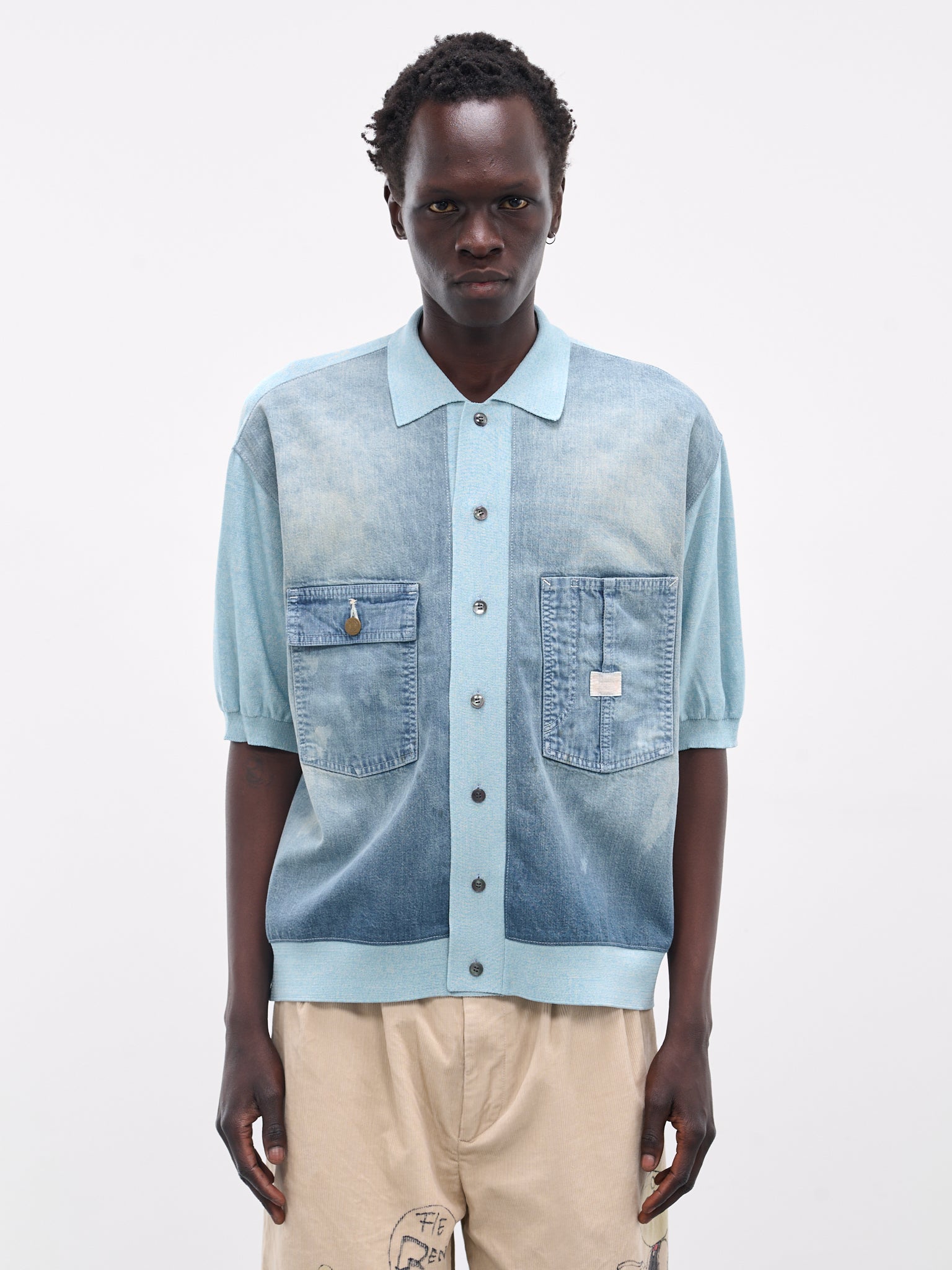 Knit & Denim Short Sleeve Cardigan (K2504KN174-SAX-BLUE)
