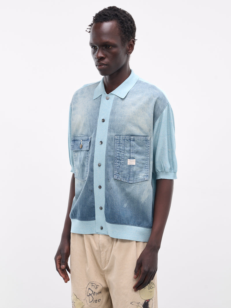 Knit & Denim Short Sleeve Cardigan (K2504KN174-SAX-BLUE)