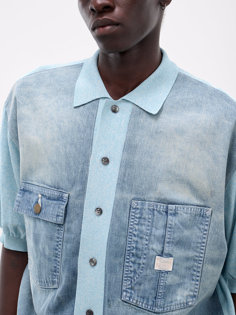 Knit & Denim Short Sleeve Cardigan (K2504KN174-SAX-BLUE)