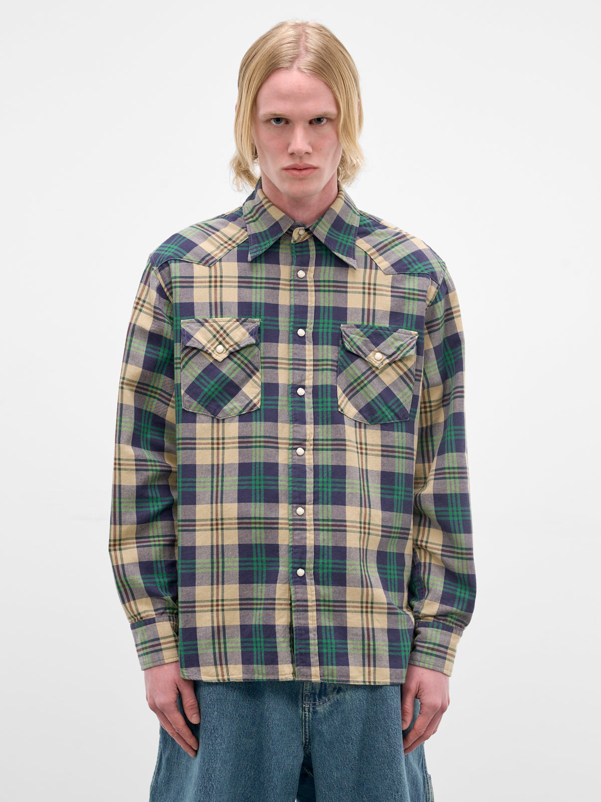 Green Plaid Western Button-Up Shirt (K2509LS043-GREEN)
