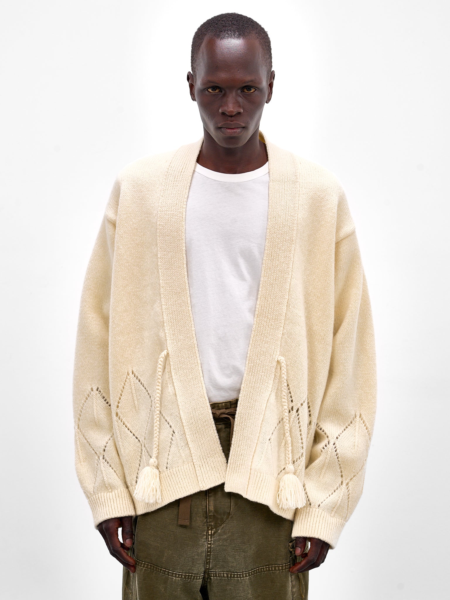 White Wool Argyle Kimono Cardigan (K2510KN128-NAT)