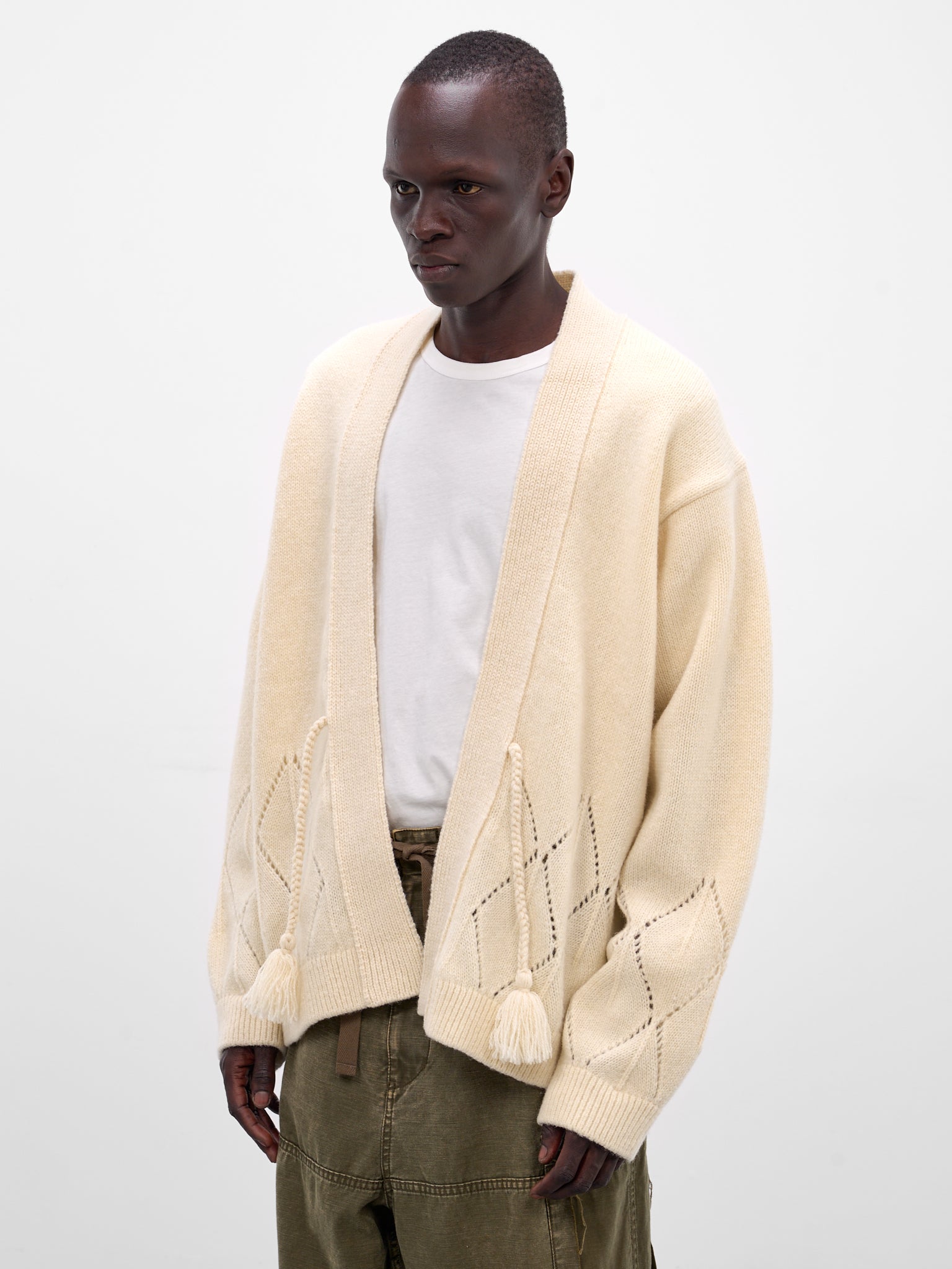 White Wool Argyle Kimono Cardigan (K2510KN128-NAT)