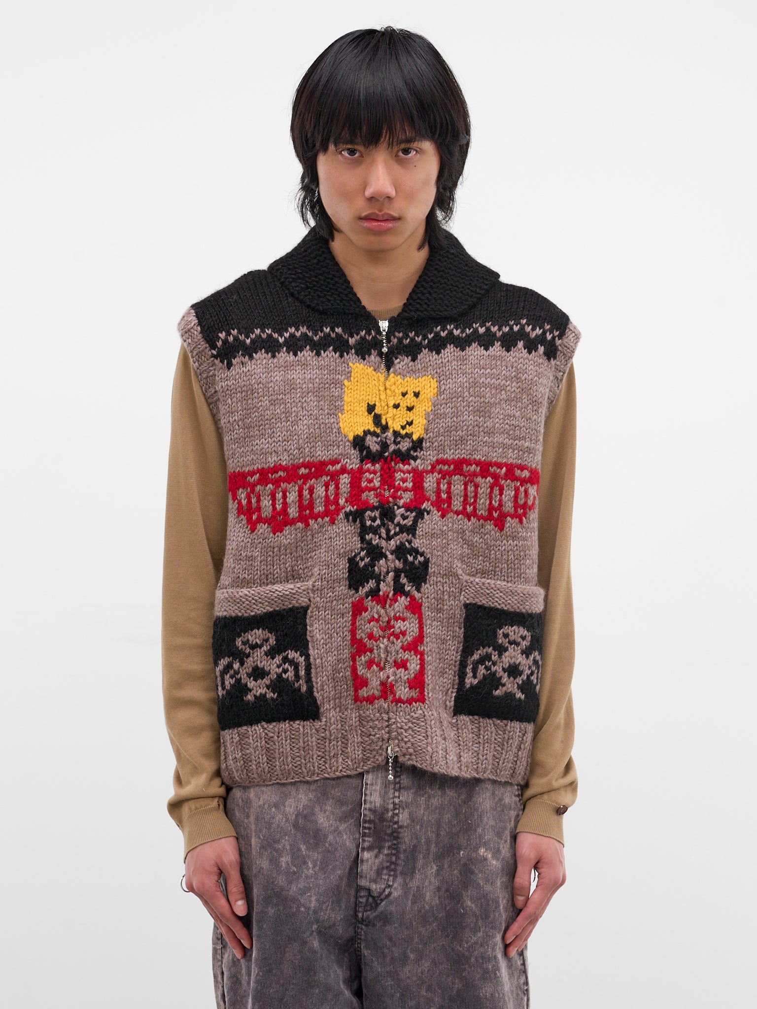 Beige Jacquard Knit Zip Vest (K2511KN181-BROWN-BEIGE)