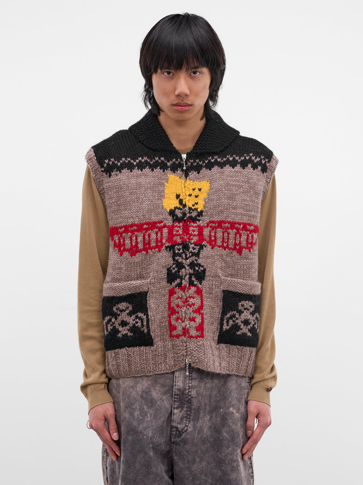 Beige Jacquard Knit Zip Vest (K2511KN181-BROWN-BEIGE)