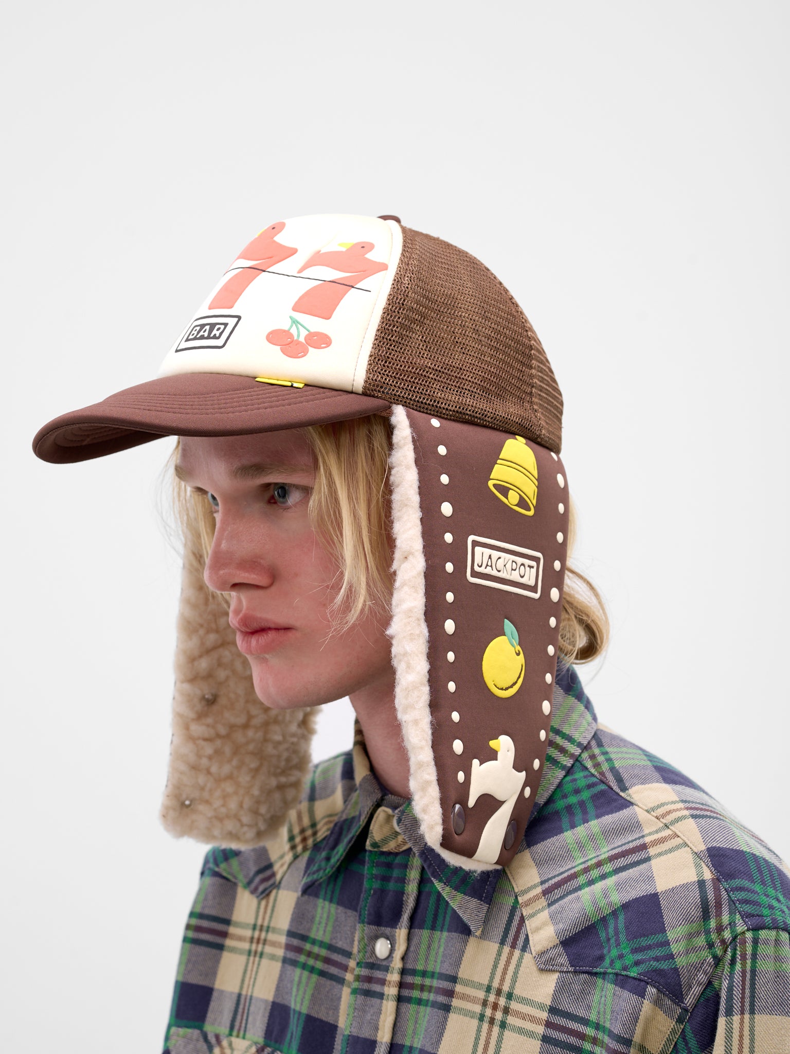 Ear Flaps Slots Trucker Hat (K2512XH566-ECRU-BROWN)