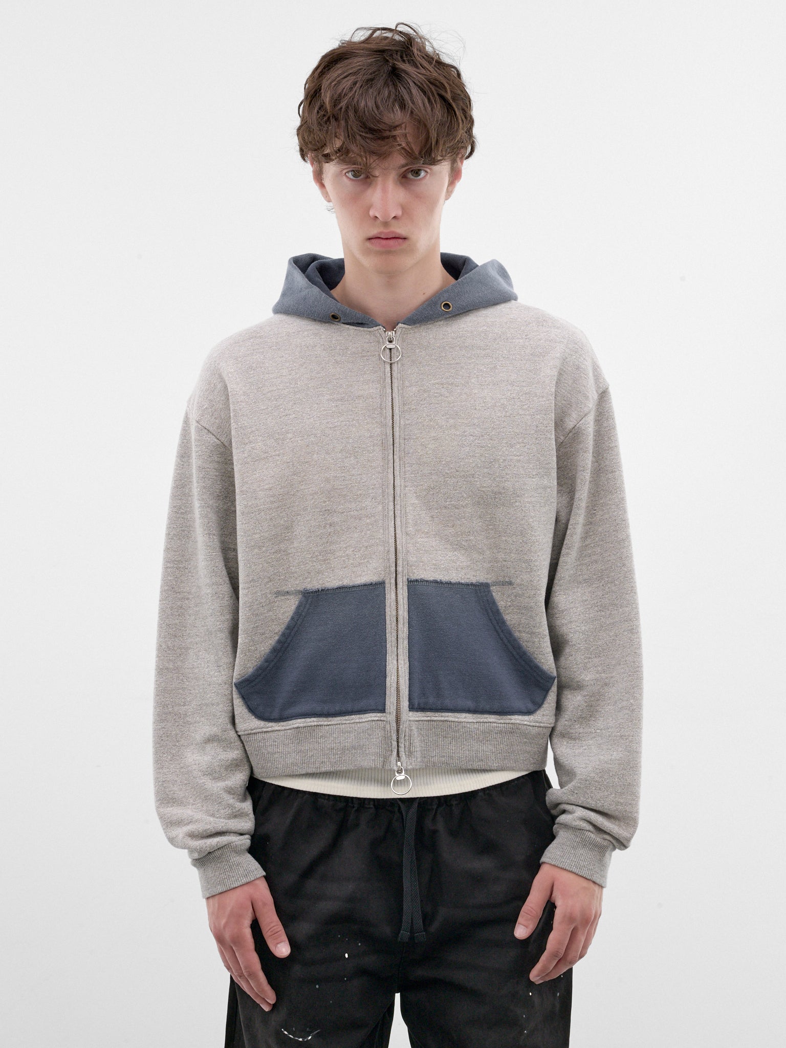 Contrast Panel Cropped Zip Hoodie (K2603LC084-GREY_