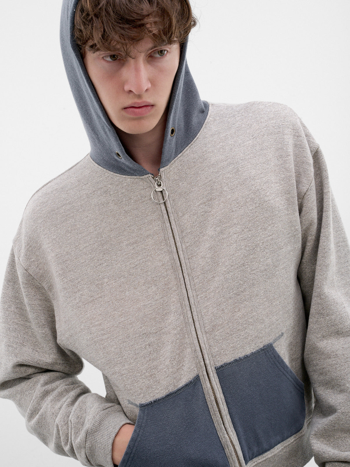 Contrast Panel Cropped Zip Hoodie (K2603LC084-GREY_