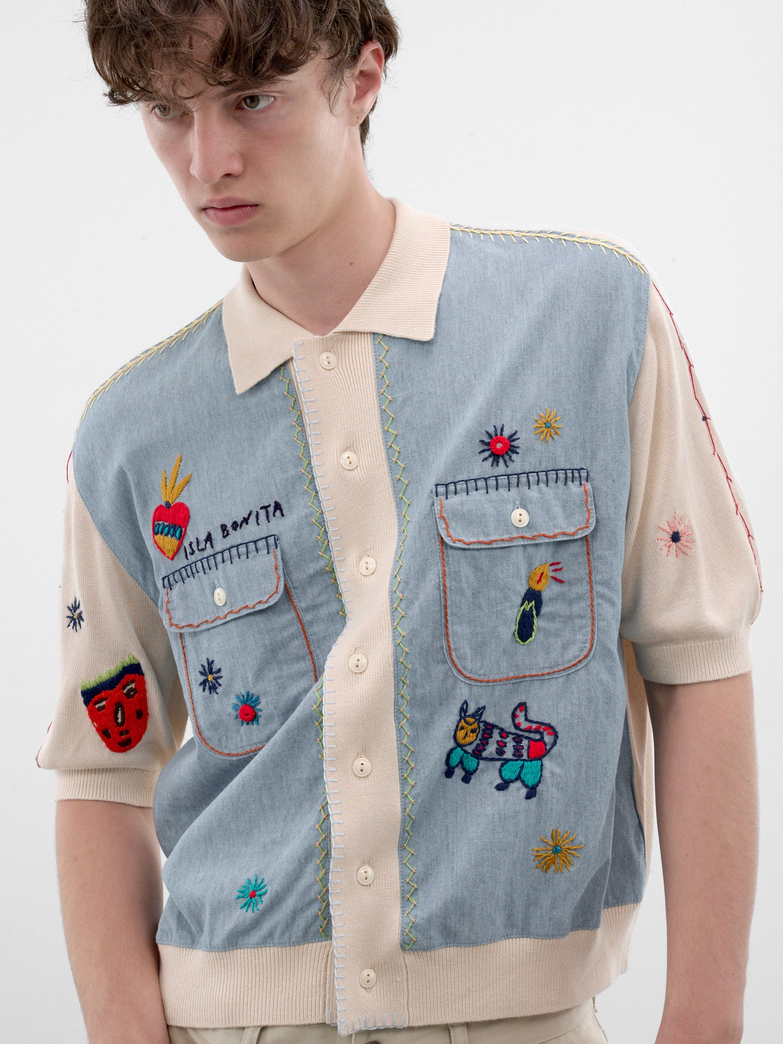 Natural Embroidered Knit Polo Shirt (K2605KN171-NATURAL)