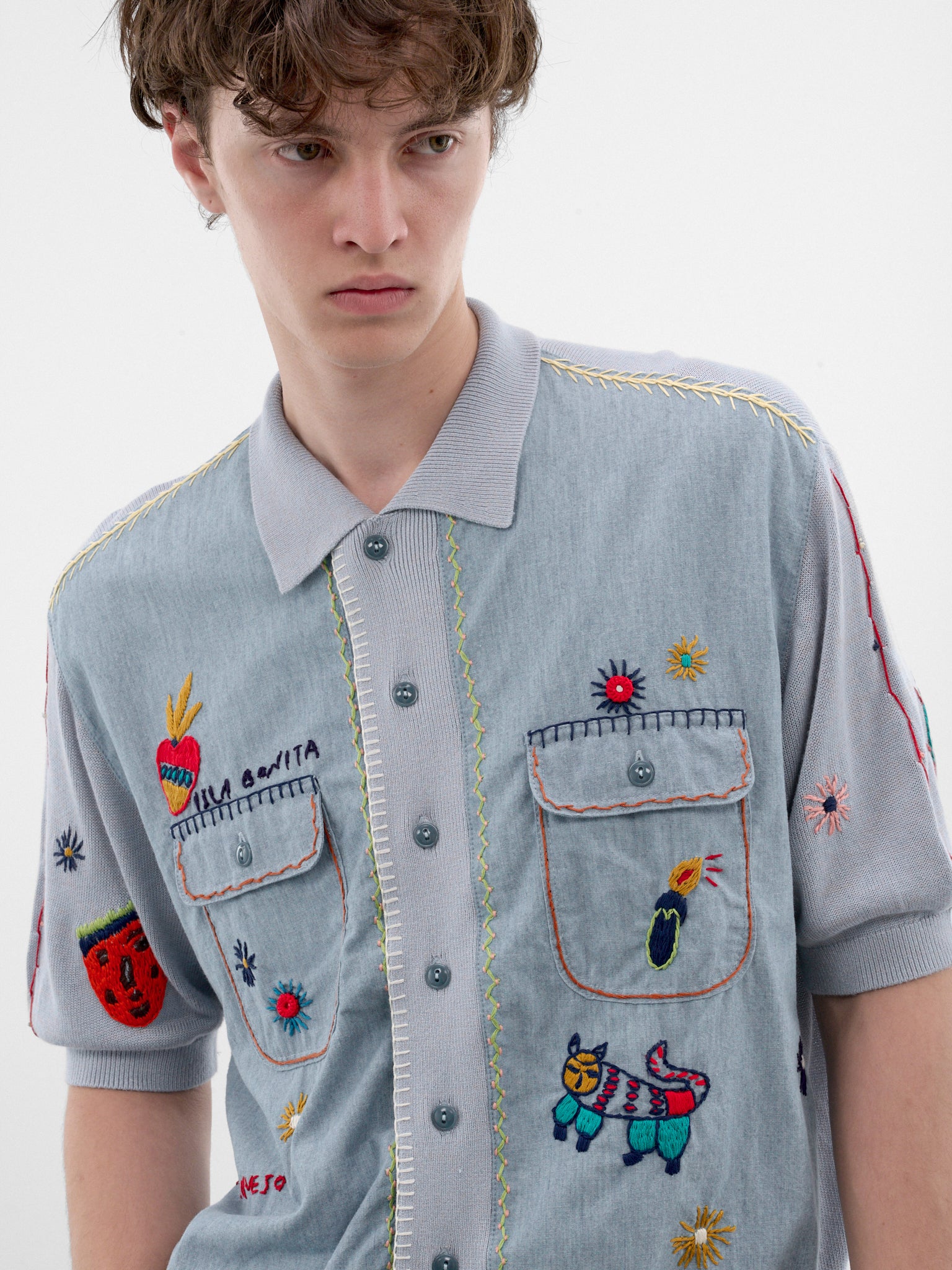 Blue Embroidered Knit Polo Shirt (K2605KN171-SAX-LIGHT-BLUE)