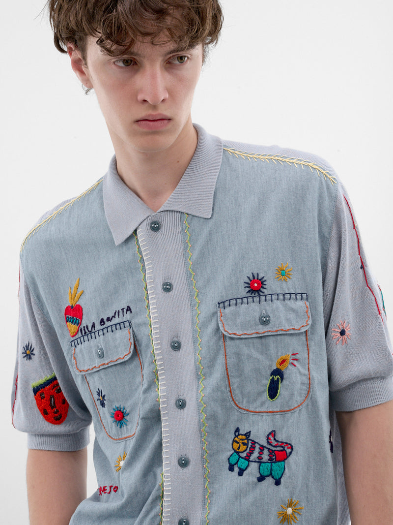 Blue Embroidered Knit Polo Shirt (K2605KN171-SAX-LIGHT-BLUE)