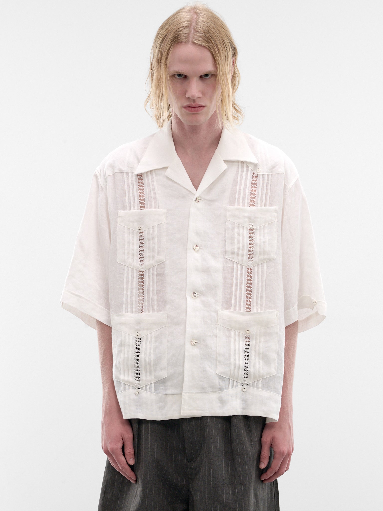 Linen Drawn Work Cuba Shirt (K2605SS196-WH-WHITE)