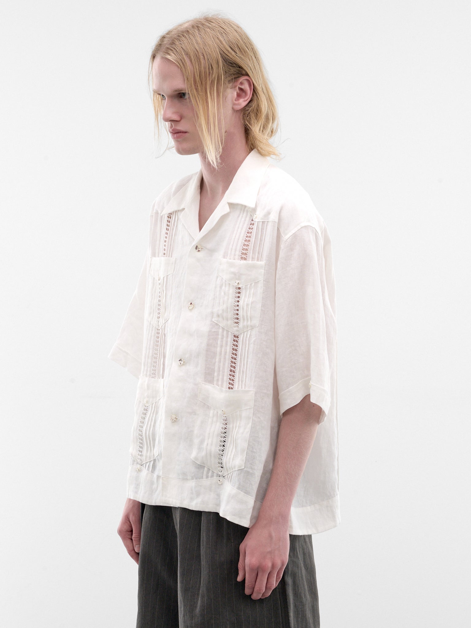 Linen Drawn Work Cuba Shirt (K2605SS196-WH-WHITE)
