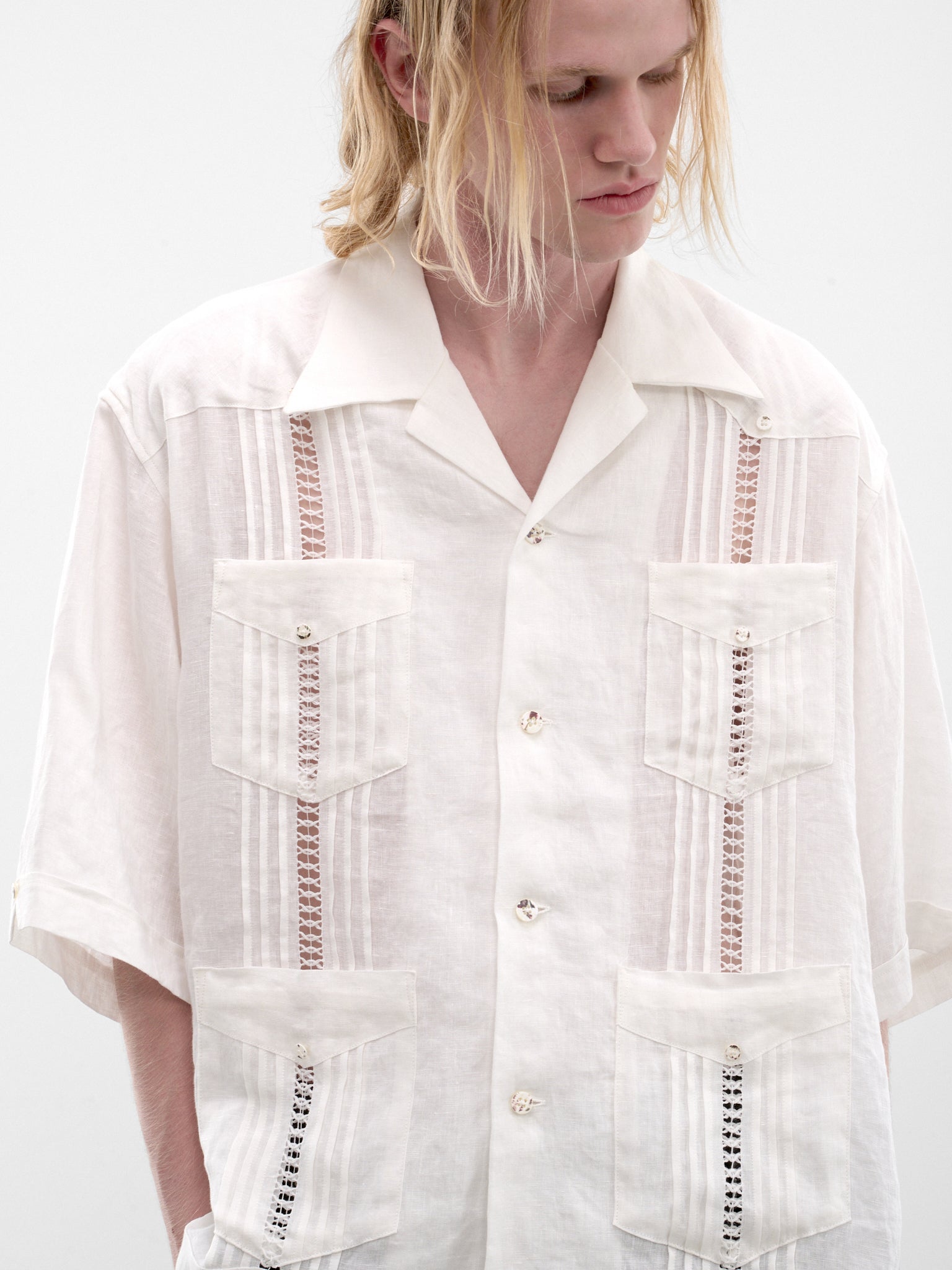 Linen Drawn Work Cuba Shirt (K2605SS196-WH-WHITE)
