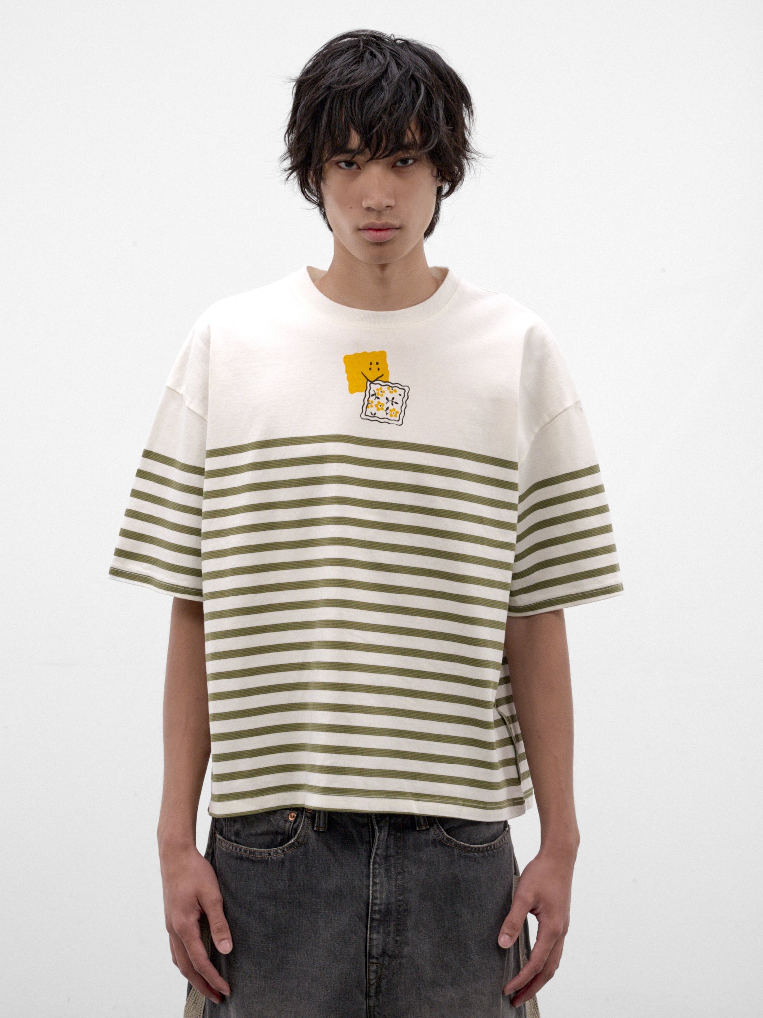 Khaki Striped Smiley Graphic Tee (K2606SC237-KHAKI)