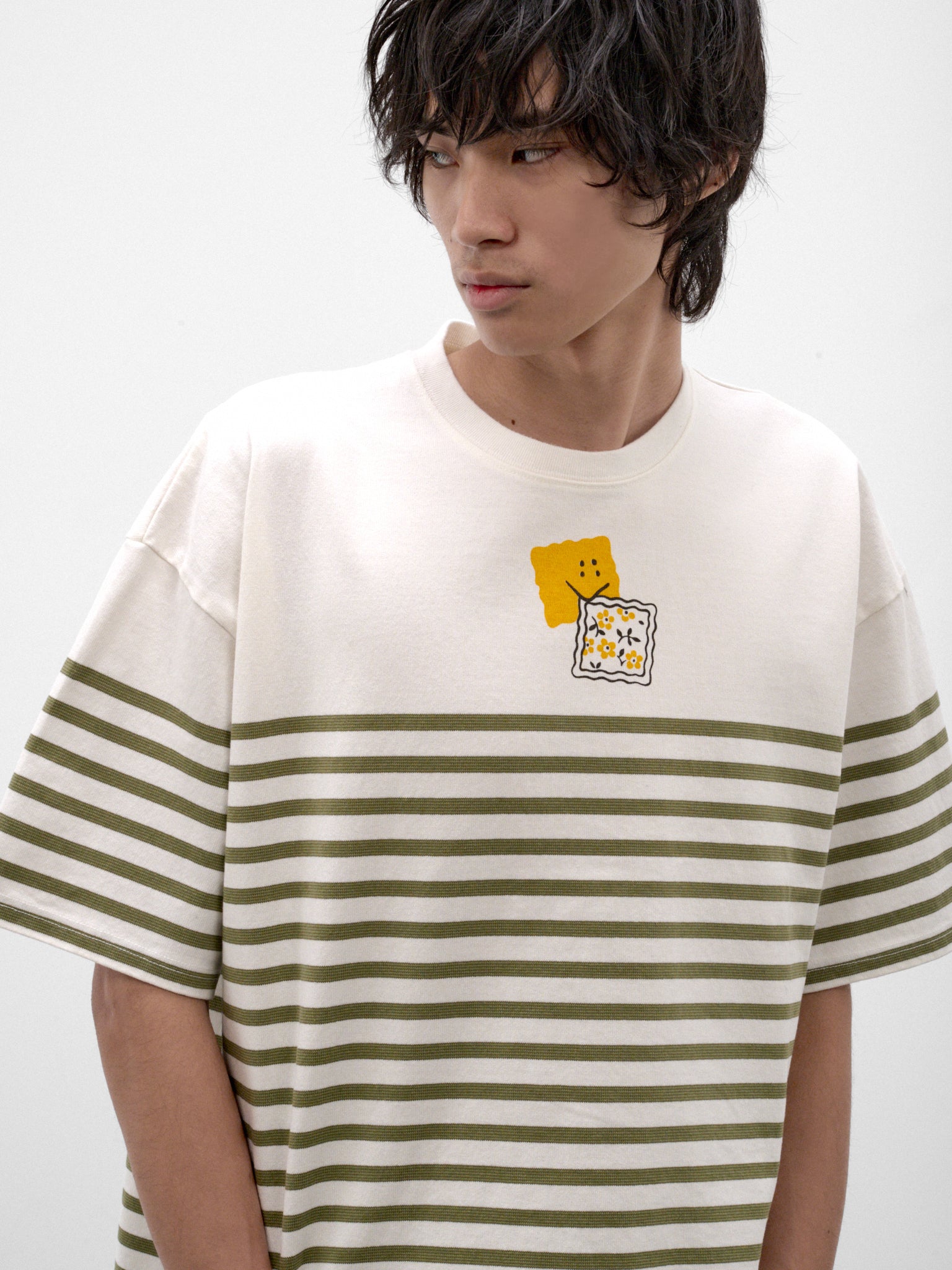 Khaki Striped Smiley Graphic Tee (K2606SC237-KHAKI)