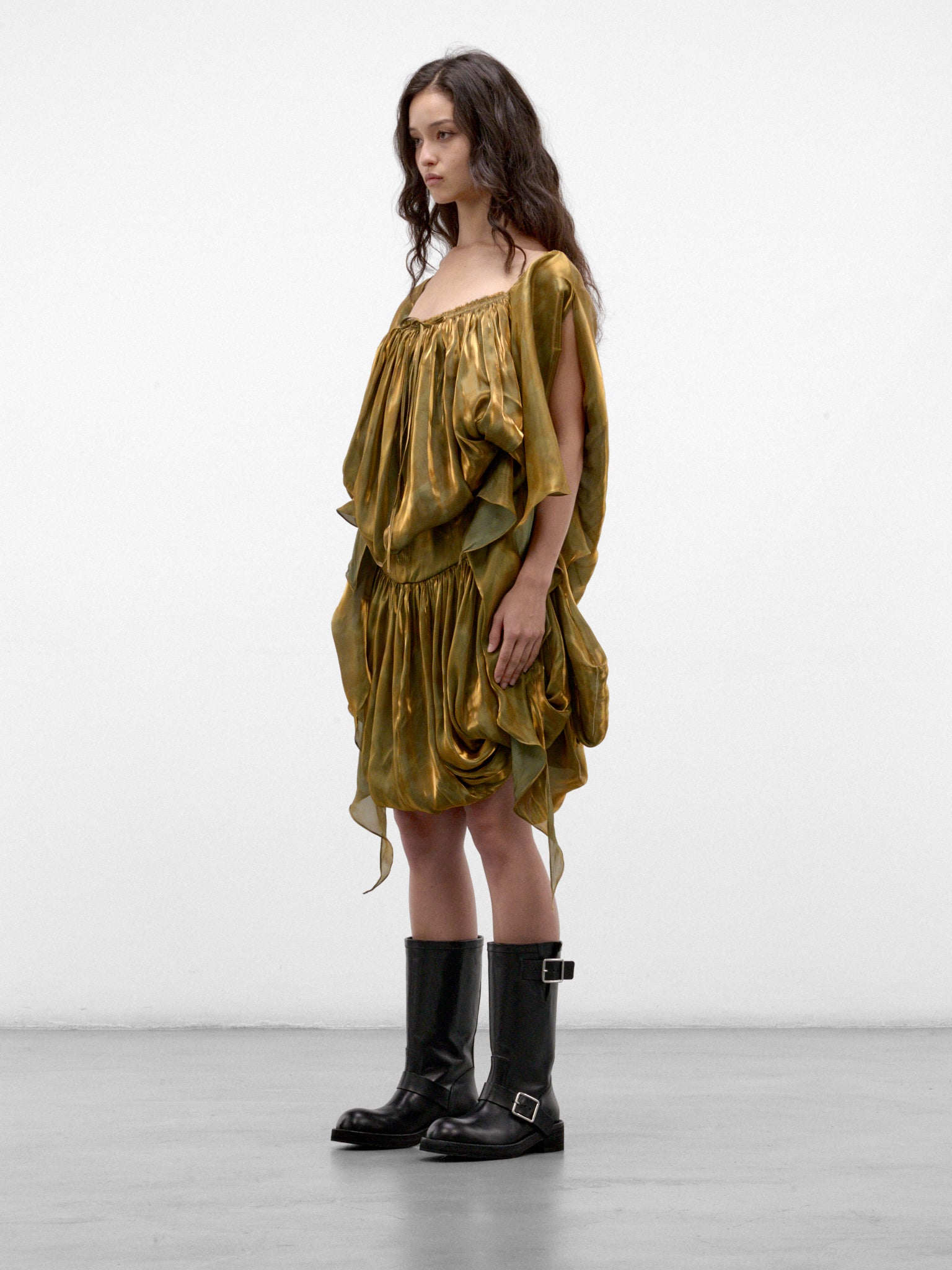 Gold Satin Draped Mini Dress (KKWAW26D01-57-GOLD-BRUSH)