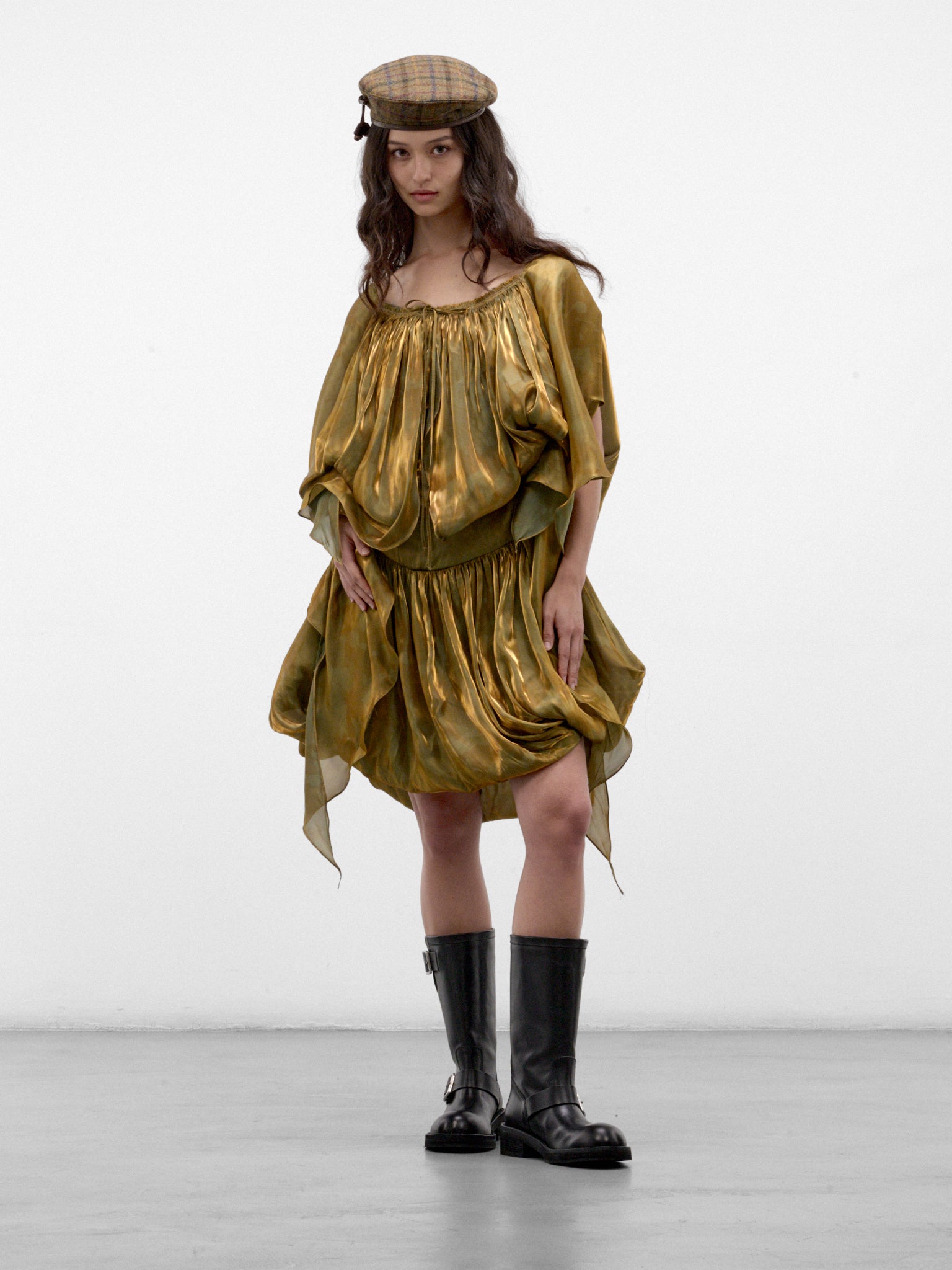 Gold Satin Draped Mini Dress (KKWAW26D01-57-GOLD-BRUSH)