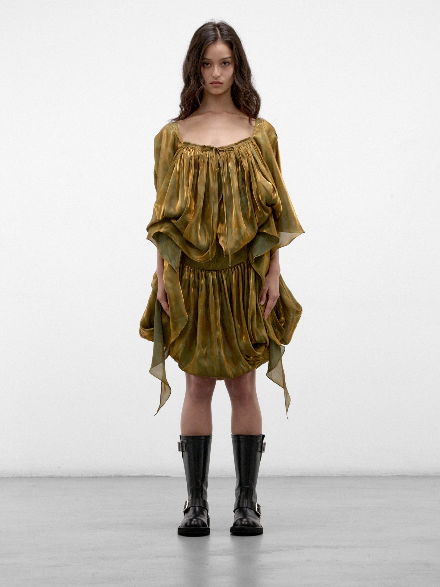 Gold Satin Draped Mini Dress (KKWAW26D01-57-GOLD-BRUSH)