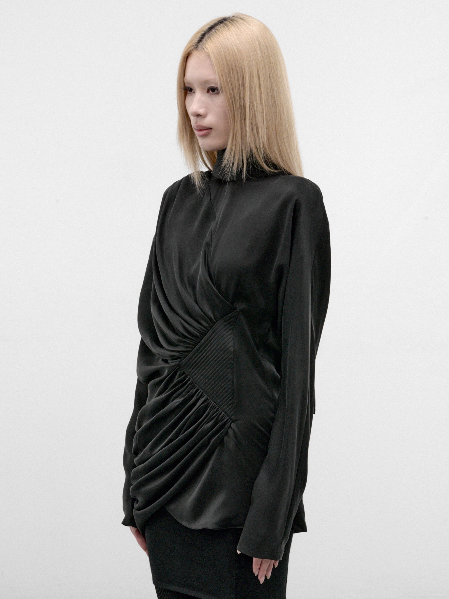 Black Silk Gathered Drapery Top (KKWAW26SH02-49-SHEEN-BLACK)