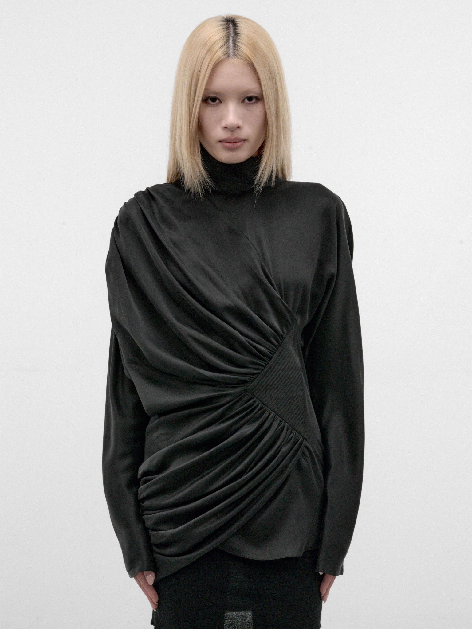 Black Silk Gathered Drapery Top (KKWAW26SH02-49-SHEEN-BLACK)
