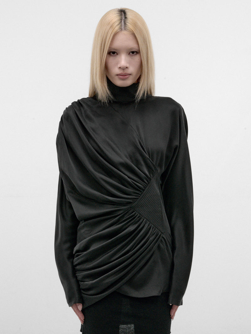 Black Silk Gathered Drapery Top (KKWAW26SH02-49-SHEEN-BLACK)