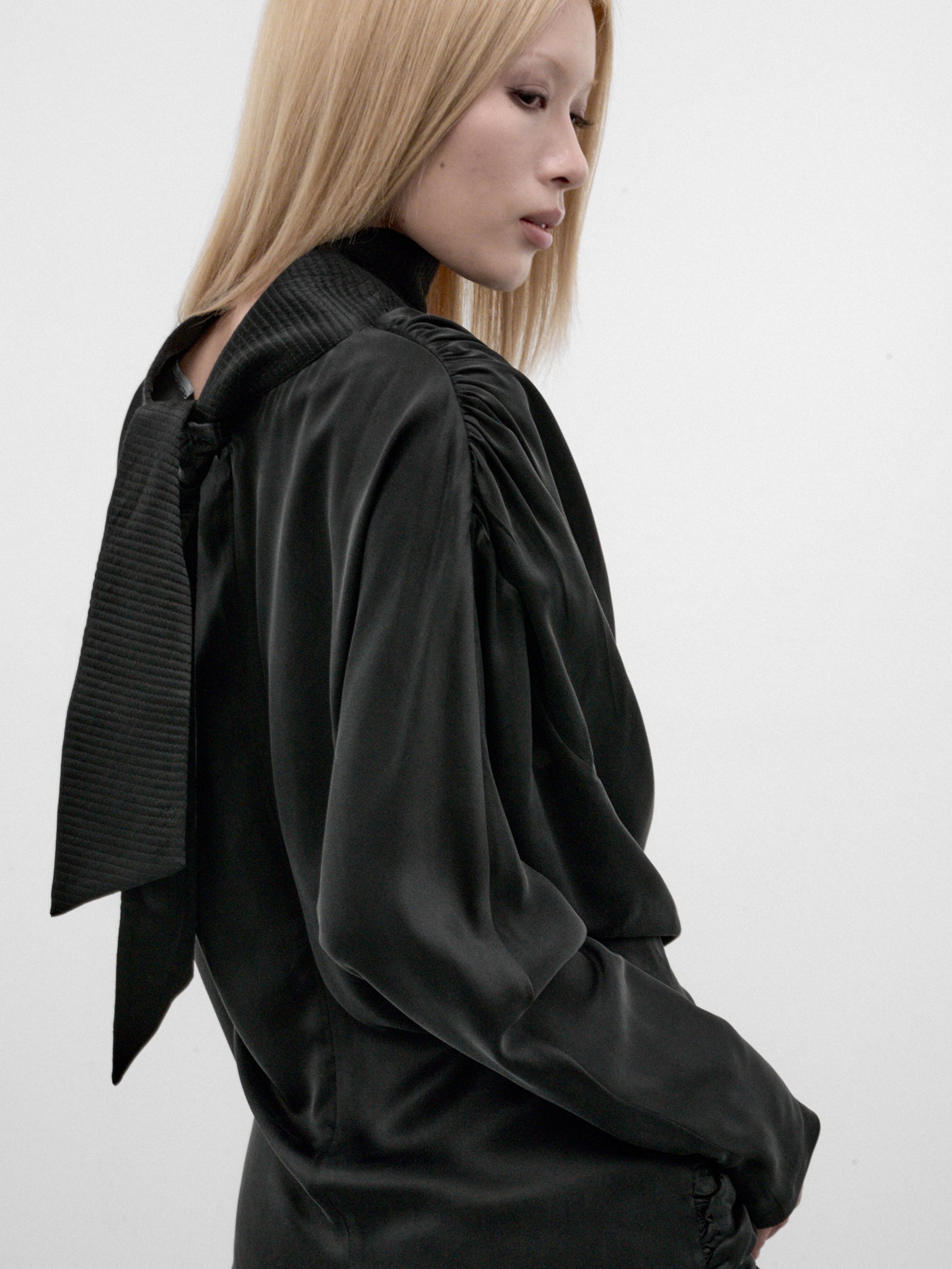 Black Silk Gathered Drapery Top (KKWAW26SH02-49-SHEEN-BLACK)