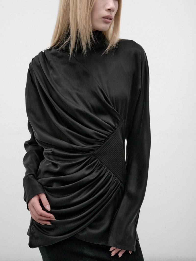 Black Silk Gathered Drapery Top (KKWAW26SH02-49-SHEEN-BLACK)
