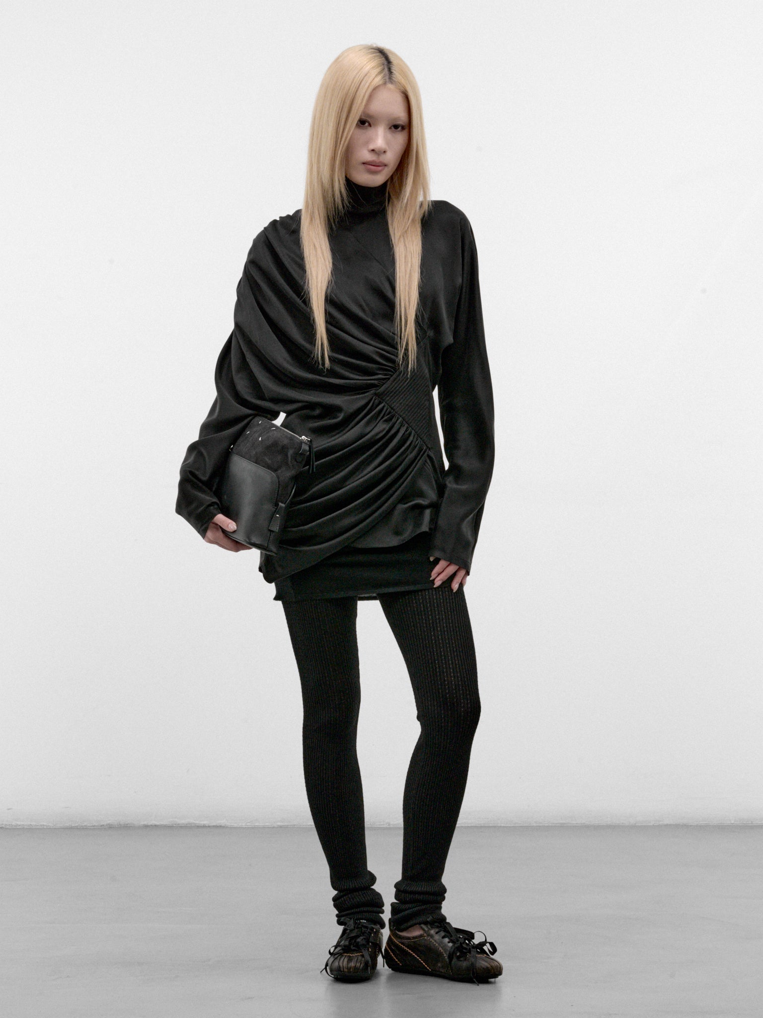 Black Silk Gathered Drapery Top (KKWAW26SH02-49-SHEEN-BLACK)