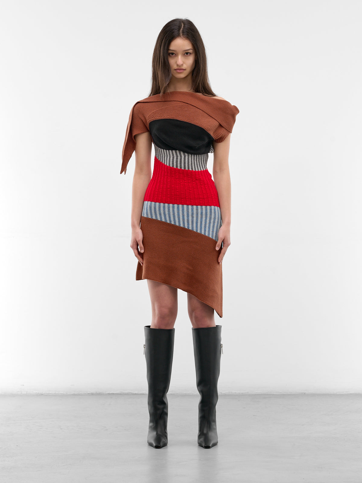 Asymmetric Draped Lemoyne Knit Dress (KKWSS26KN01-88-BROWN-RED-BLUE)