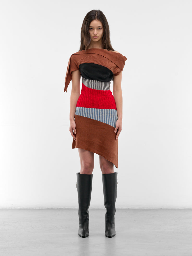 Asymmetric Draped Lemoyne Knit Dress (KKWSS26KN01-88-BROWN-RED-BLUE)