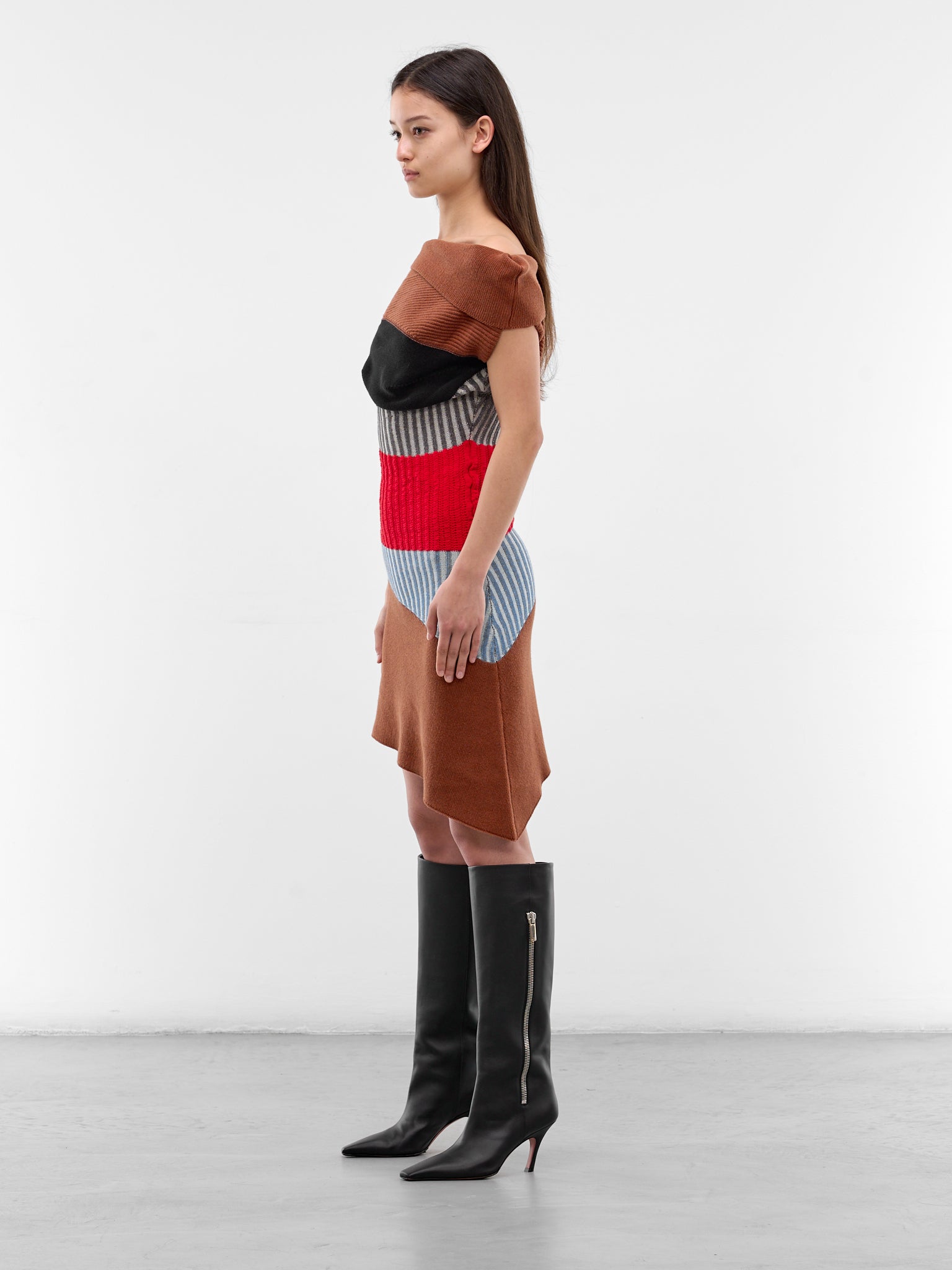 Asymmetric Draped Lemoyne Knit Dress (KKWSS26KN01-88-BROWN-RED-BLUE)