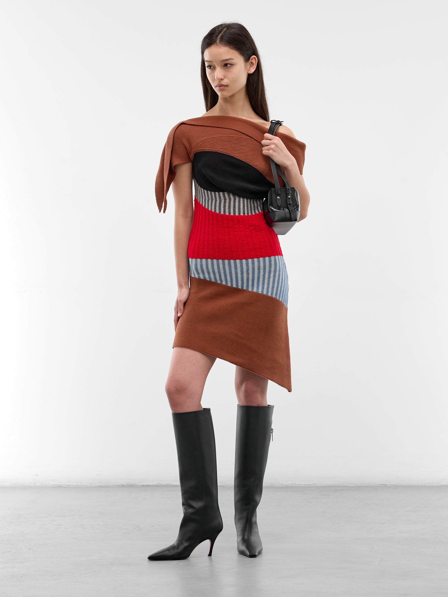 Asymmetric Draped Lemoyne Knit Dress (KKWSS26KN01-88-BROWN-RED-BLUE)