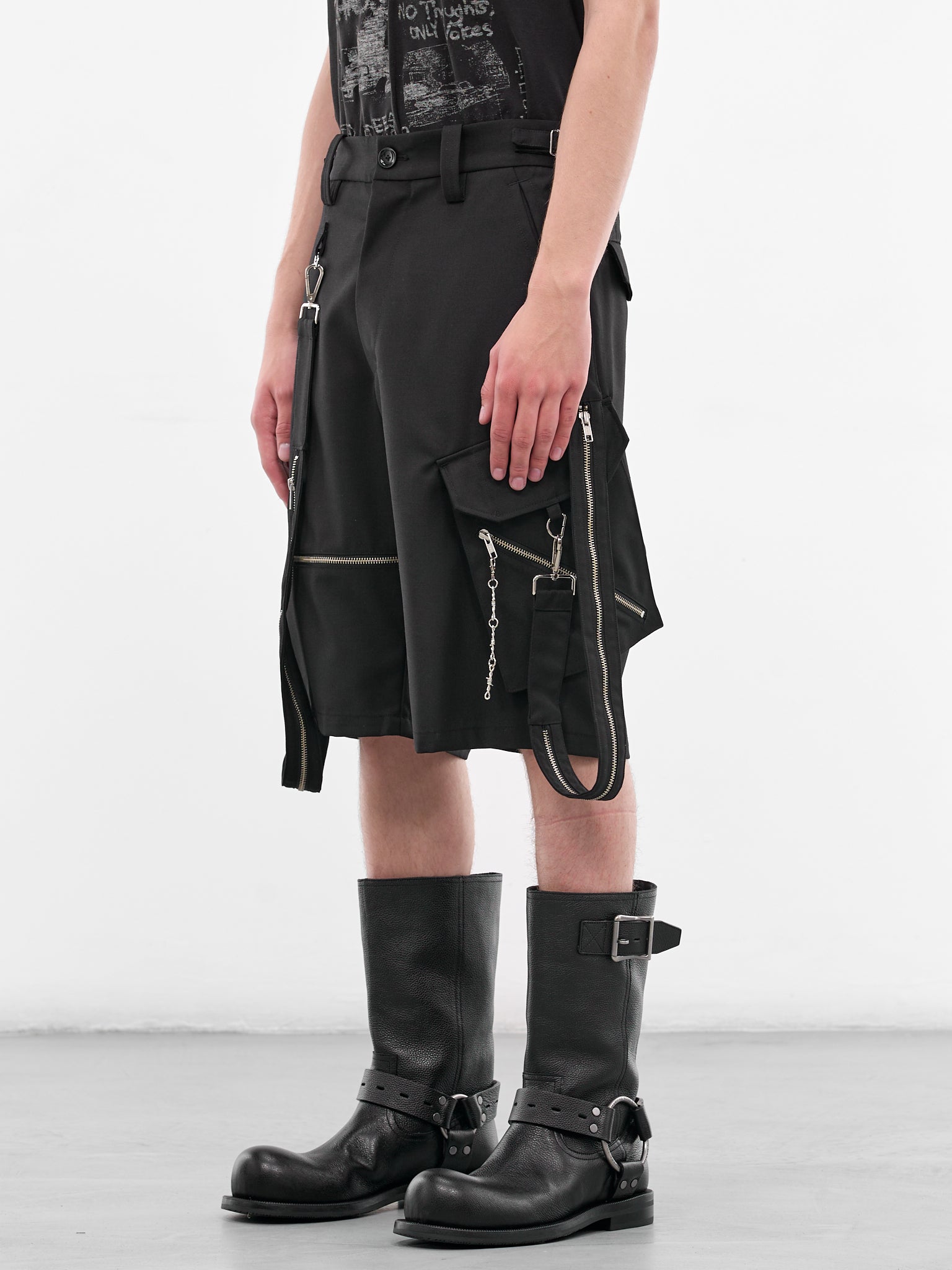 Black Wool Punk Strap Shorts (KL1049-BLACK)