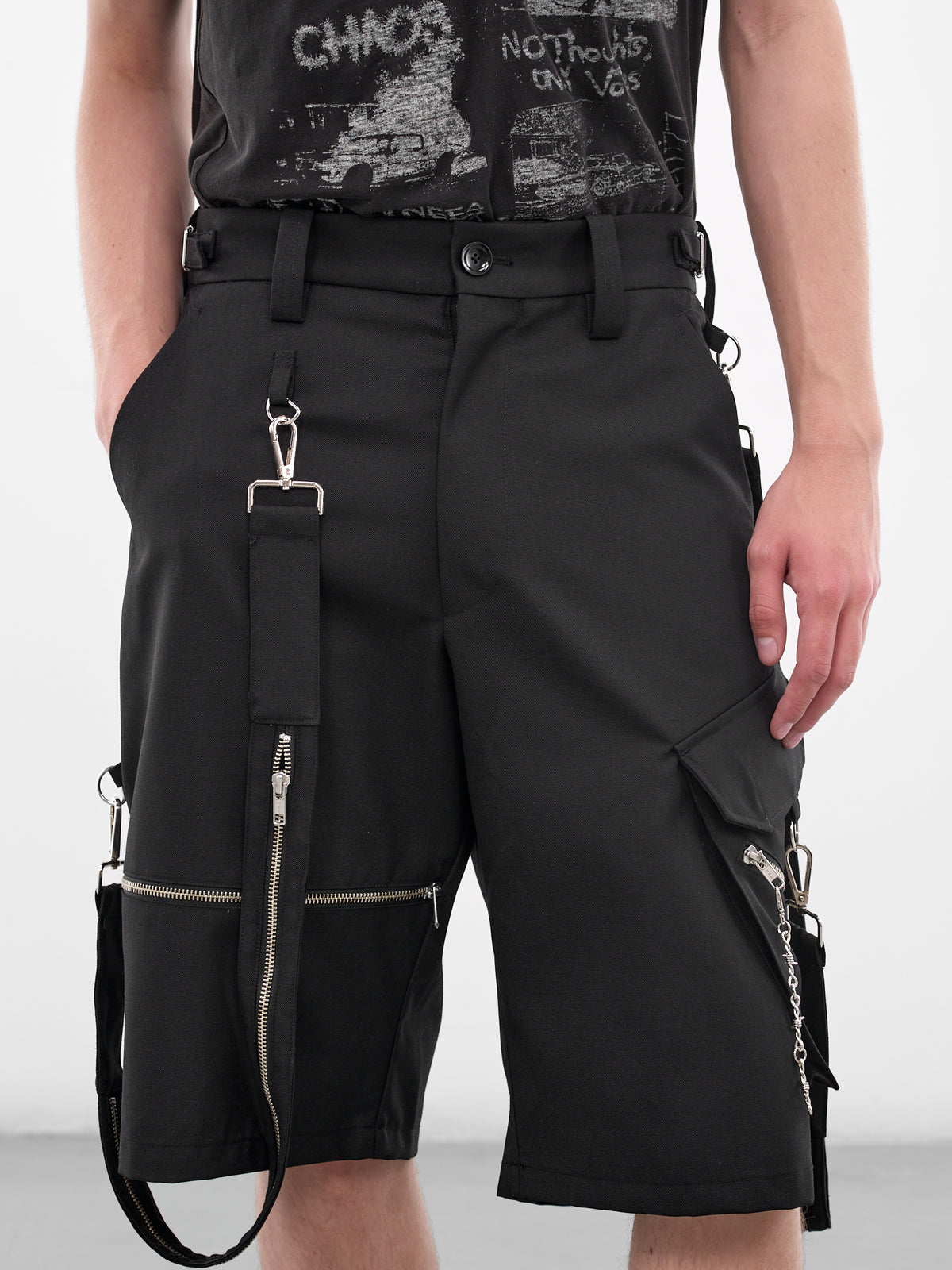 Black Wool Punk Strap Shorts (KL1049-BLACK)