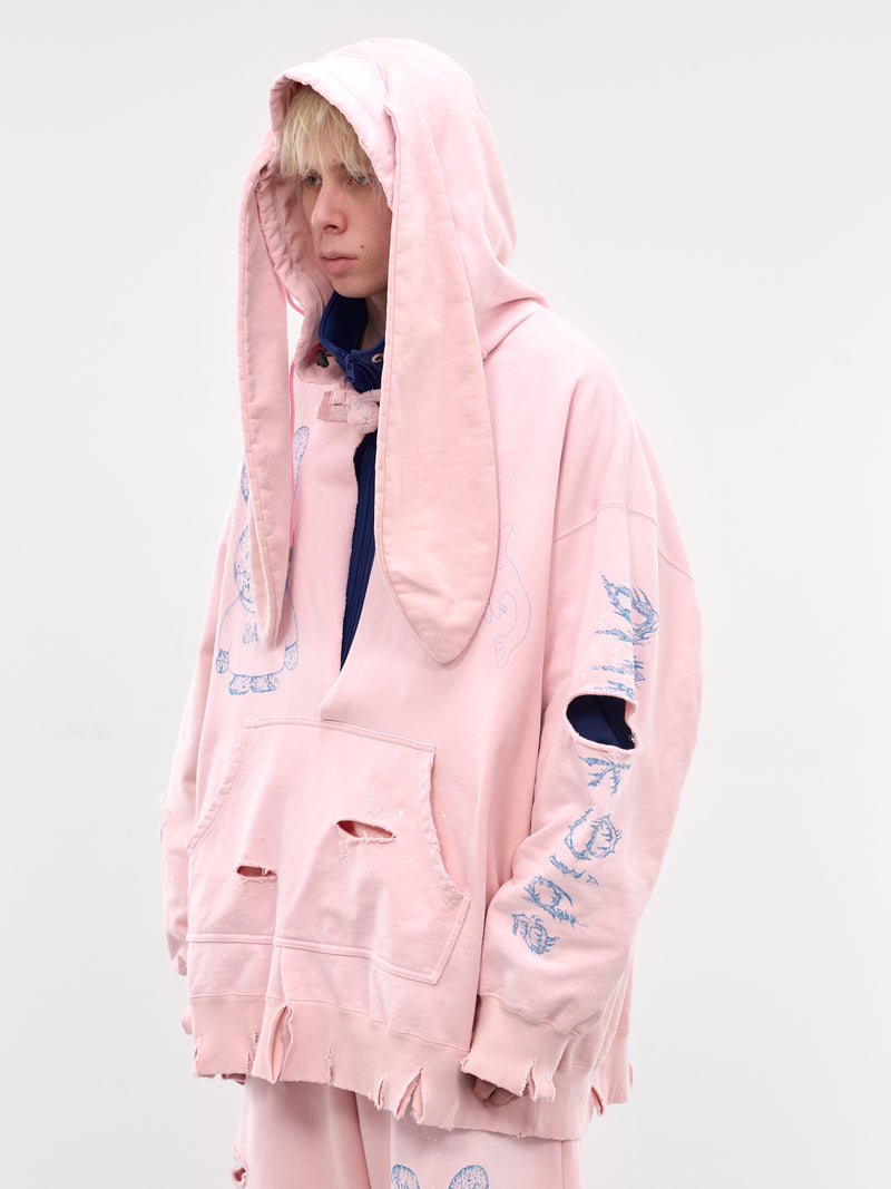 Pink Distressed Bunny Ears Hoodie (KL1078-PINK)