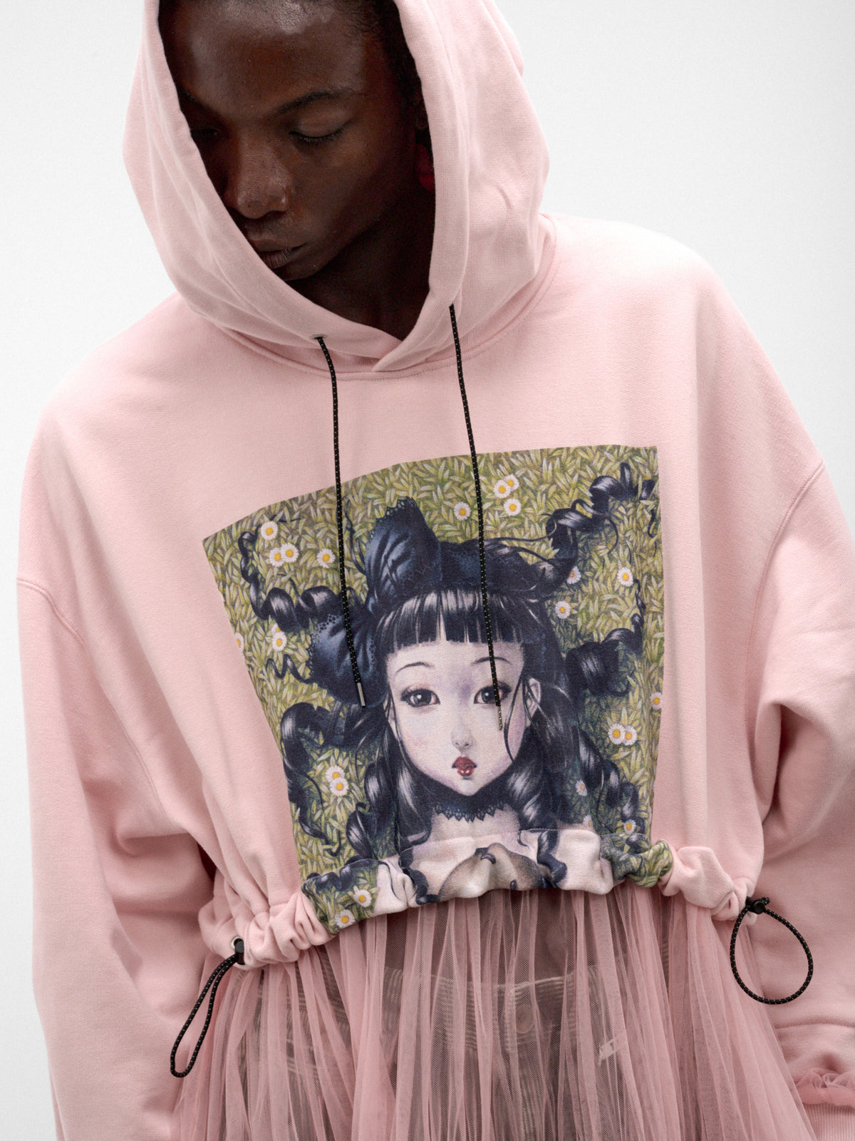 Pink Tiered Mesh Graphic Hoodie (KL1140-PINK)