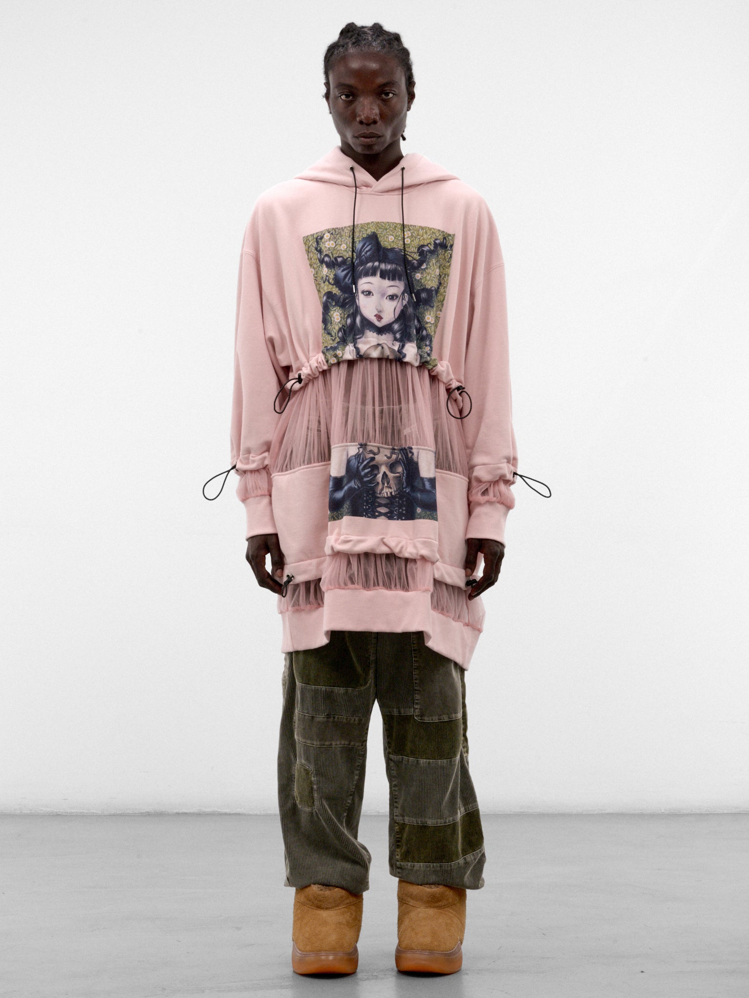 Pink Tiered Mesh Graphic Hoodie (KL1140-PINK)