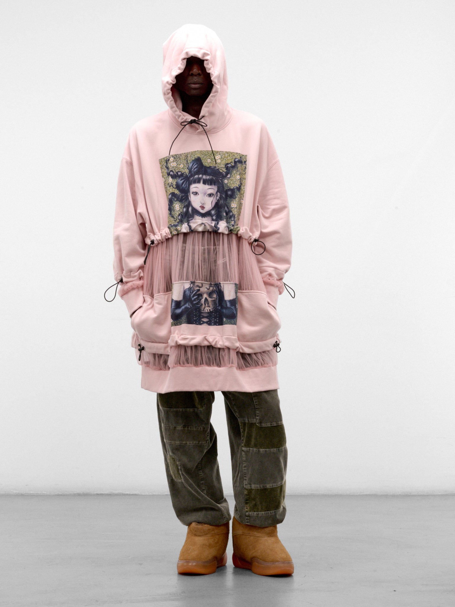 Pink Tiered Mesh Graphic Hoodie (KL1140-PINK)