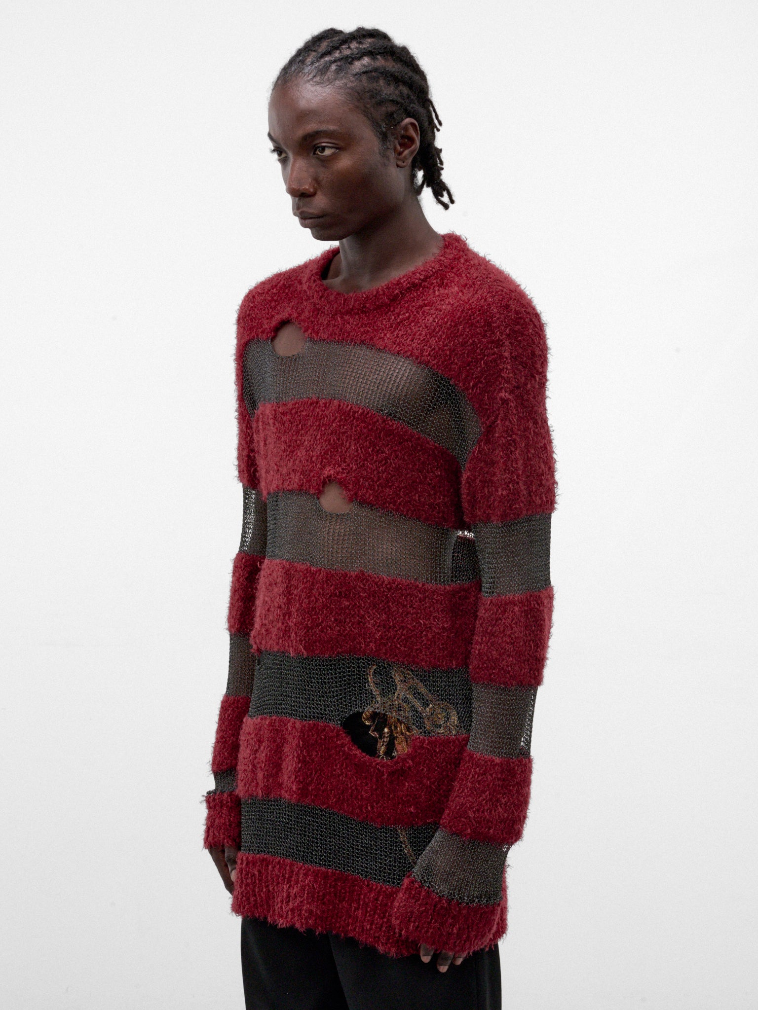 Red Distressed Striped Knit Sweater (KL1143-RED-REF)