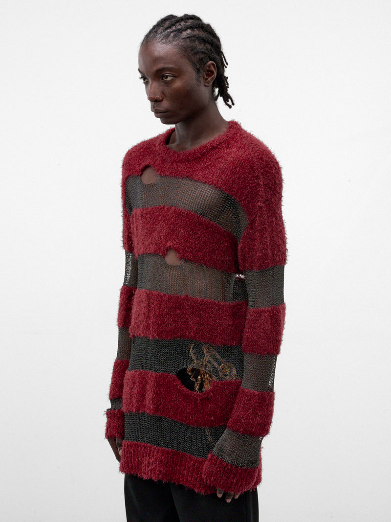 Red Distressed Striped Knit Sweater (KL1143-RED-REF)