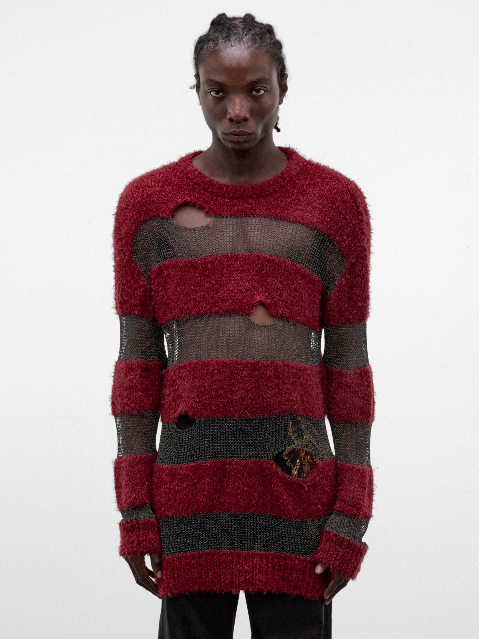 Red Distressed Striped Knit Sweater (KL1143-RED-REF)