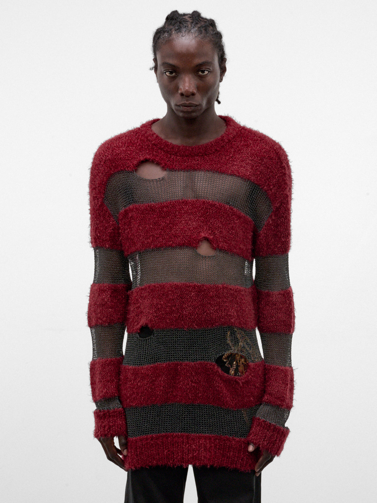 Red Distressed Striped Knit Sweater (KL1143-RED-REF)