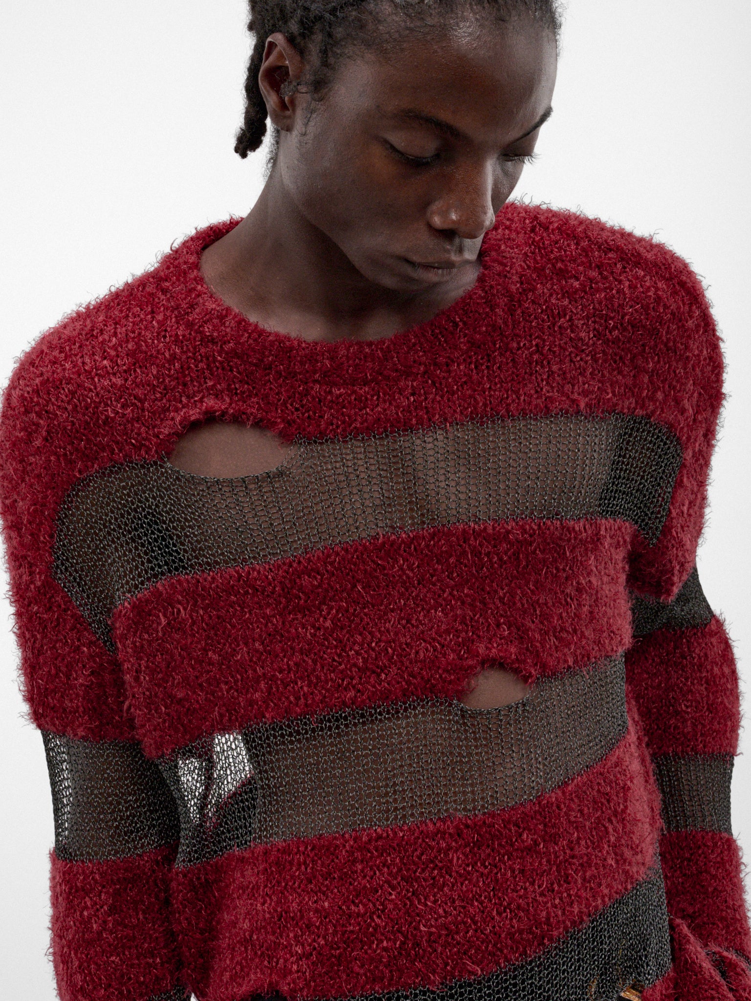 Red Distressed Striped Knit Sweater (KL1143-RED-REF)