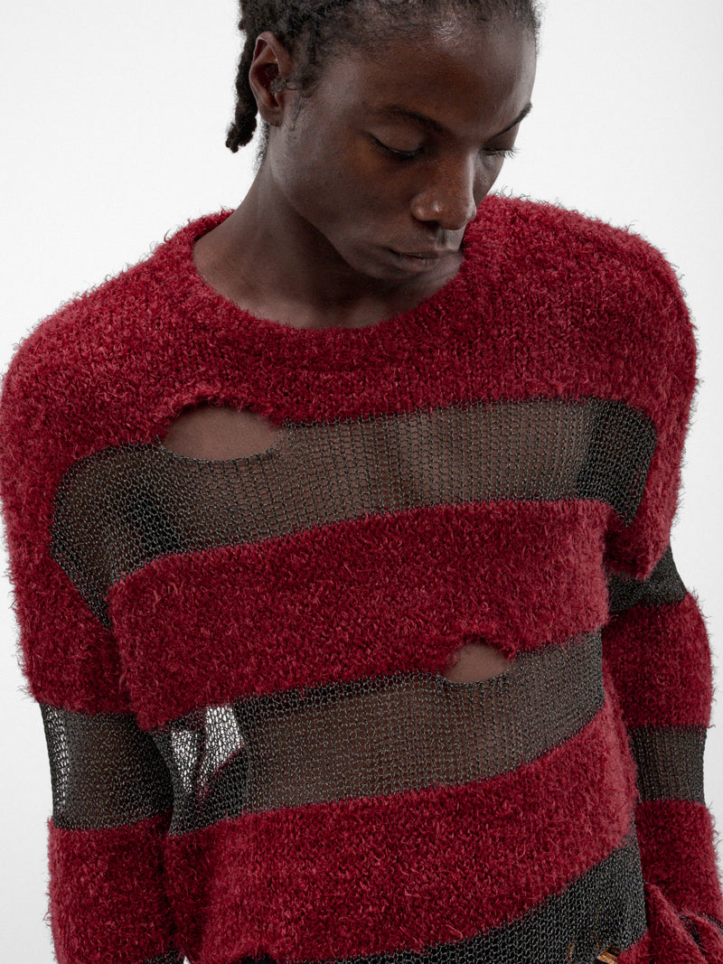 Red Distressed Striped Knit Sweater (KL1143-RED-REF)