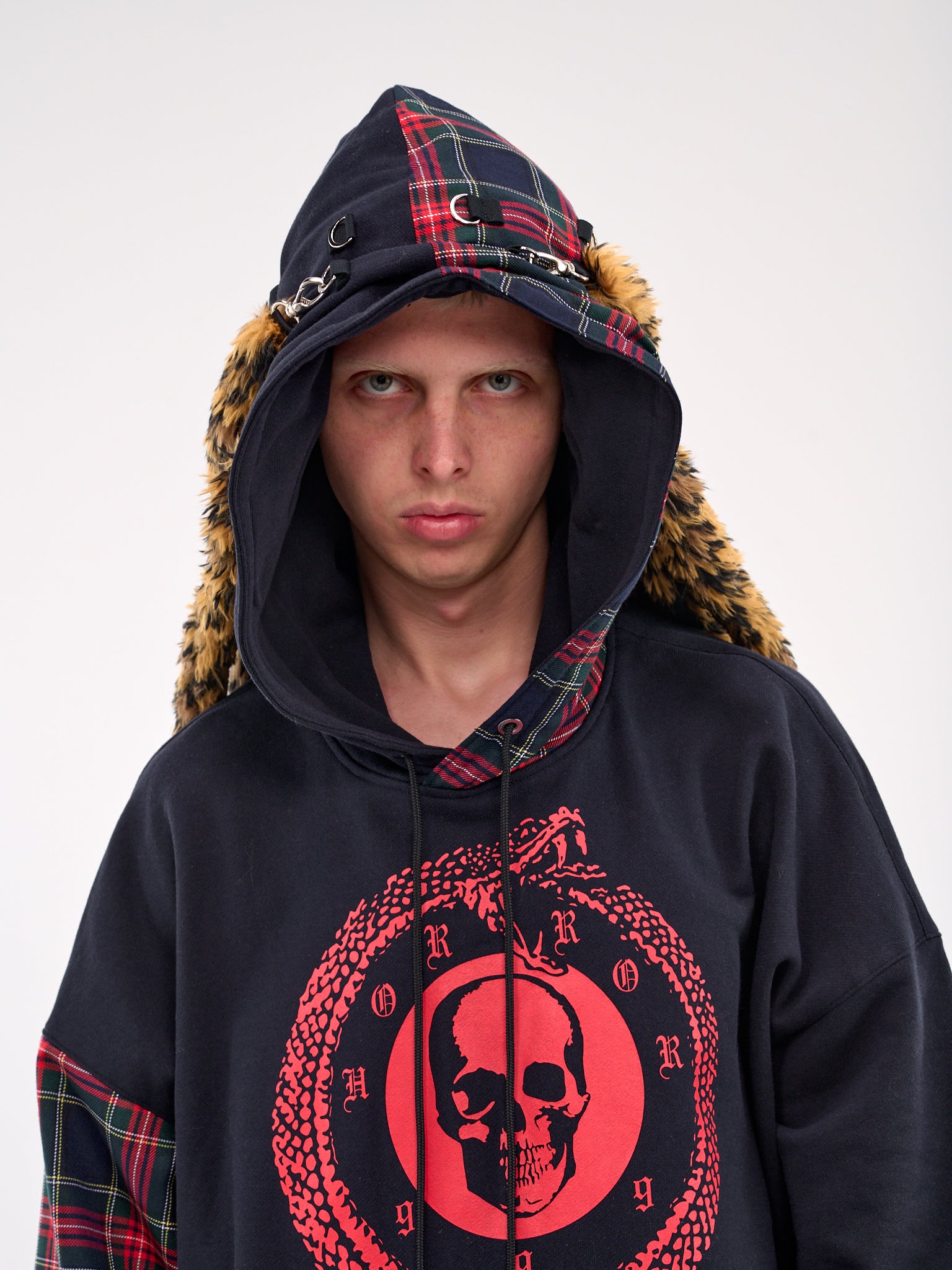Plaid Paneled Leopard Hood Sweatshirt (KL926-NAVY)