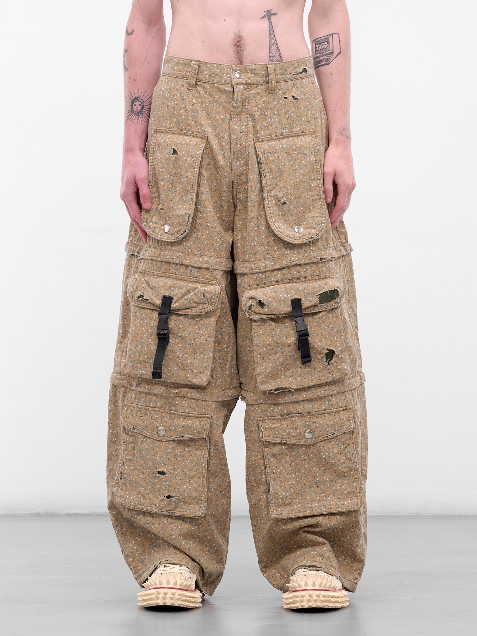 Khaki Flower Distressed Cargo Pants (KL975-KHAKI-FLOWER)