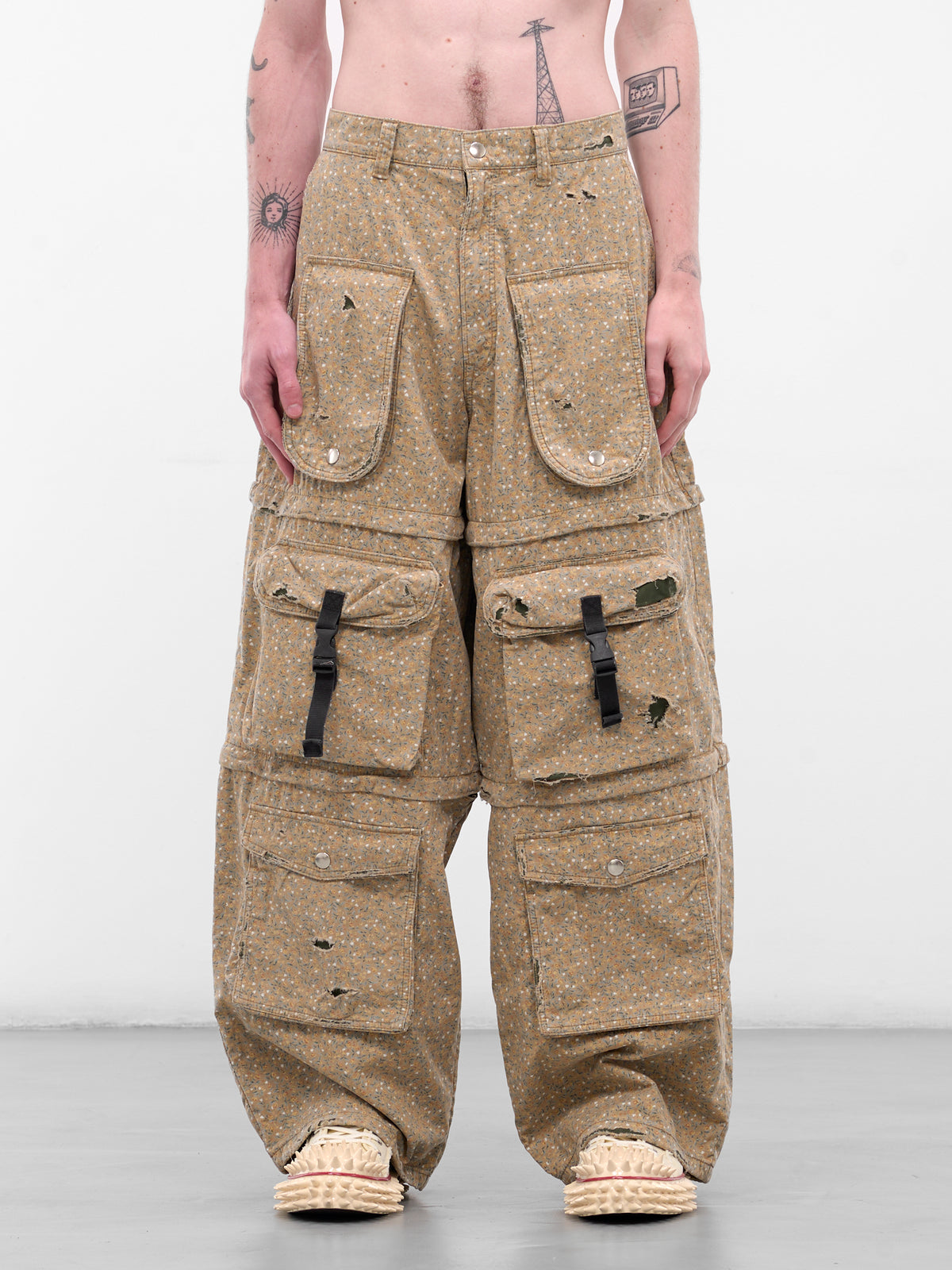 Khaki Flower Distressed Cargo Pants (KL975-KHAKI-FLOWER)
