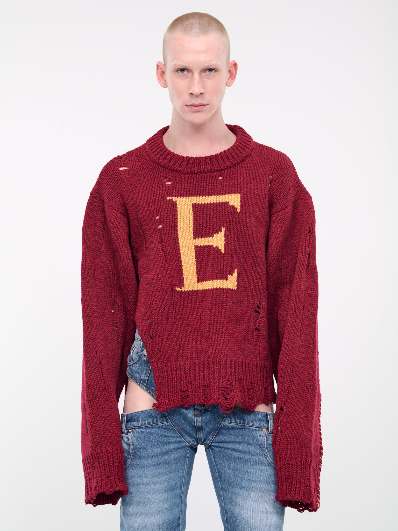 E Distressed Sweater (KN-004-A-RED)