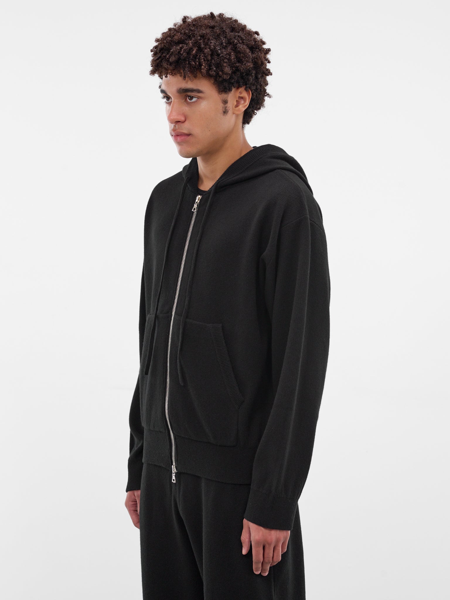 Black Shrunken Cashmere Zip Hoodie (KN-783-02-BLACK)