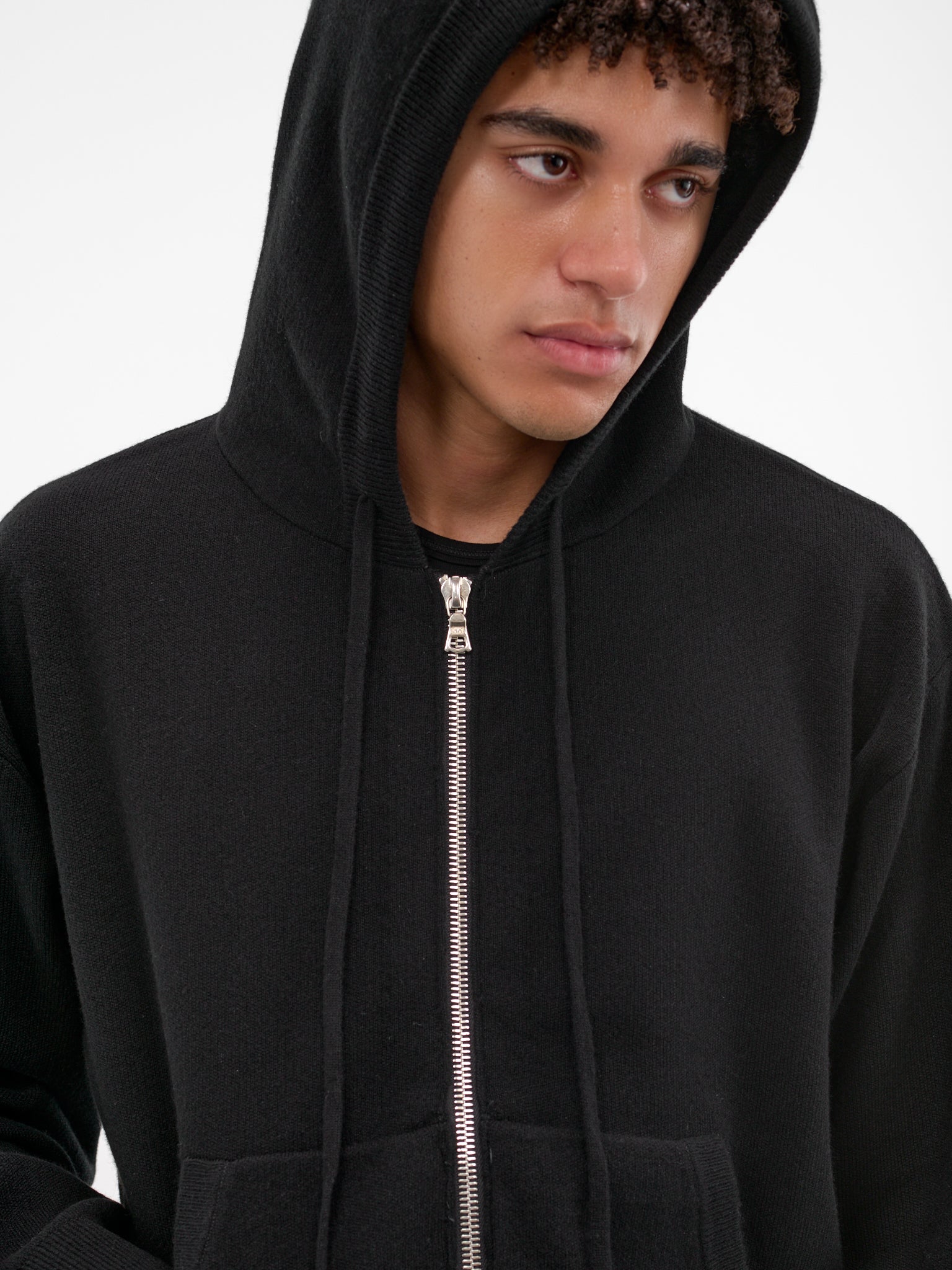 Black Shrunken Cashmere Zip Hoodie (KN-783-02-BLACK)
